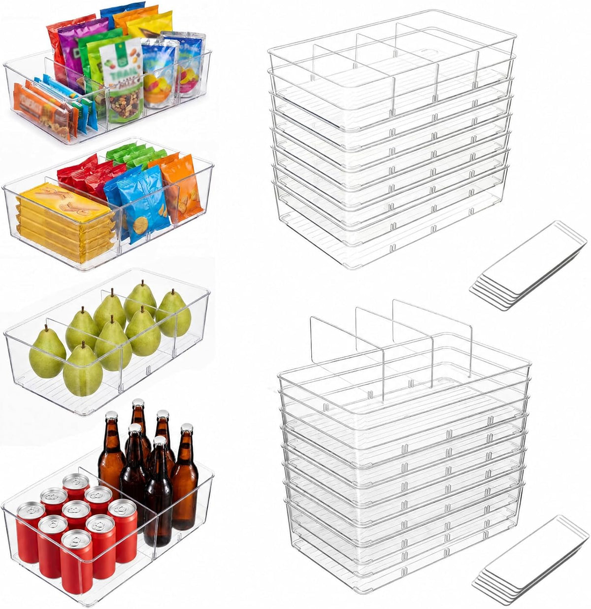 Mifoci 16 Pcs Snack Pantry Organizer and Storage, Clear Plastic Storage Bins with 3 Divider for Kitchen Fridge Shelf Cabinet, Stackable 4 Compartment Container for Pouch, Spice Packet, Snack Organizer