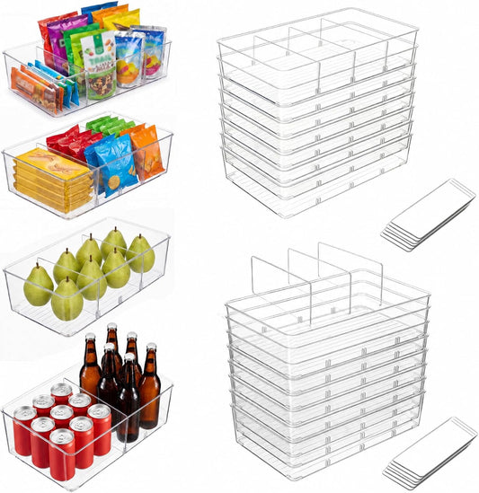 Mifoci 16 Pcs Snack Pantry Organizer and Storage, Clear Plastic Storage Bins with 3 Divider for Kitchen Fridge Shelf Cabinet, Stackable 4 Compartment Container for Pouch, Spice Packet, Snack Organizer