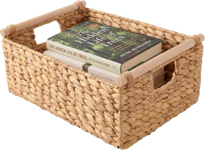 Best Choice Products Wicker Storage Basket, Shelf Organizer Basket w/Wooden Handles, Woven Rectangular Storage Bin, Natural Water Hyacinth for Pantry, Closet, Laundry Room, & Living Room - Chestnut