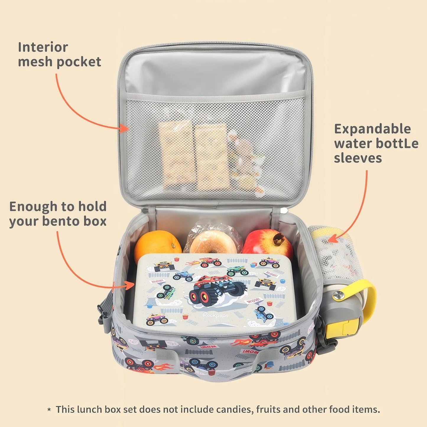 rockpapa Kids Lunch Box Set with 14oz Insulated Water Bottle & Lunch Bag, Leakproof 5.5 Cups Bento Box for School & Children, BPA-Free, Microwave Safe for Boys Girls (Grey Constr Turcks)
