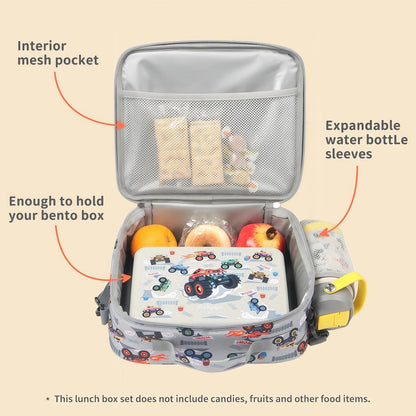 rockpapa Kids Lunch Box Set with 14oz Insulated Water Bottle & Lunch Bag, Leakproof 5.5 Cups Bento Box for School & Children, BPA-Free, Microwave Safe for Boys Girls (Grey Constr Turcks)