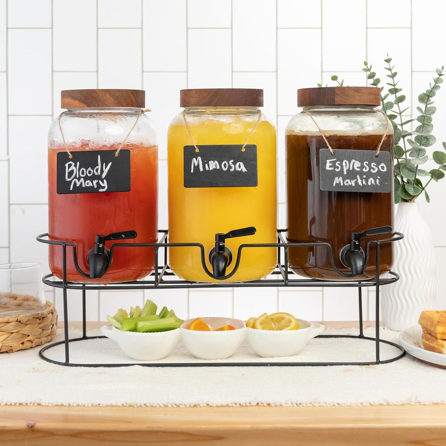 Ilyapa Glass Drink Dispensers for Parties with Stand - 2 Pack, 2 Gallon Double Beverage Dispenser with Wood Tops & Black Stainless Spigots