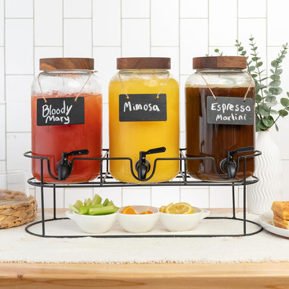 Ilyapa Glass Drink Dispensers for Parties with Stand - 2 Pack, 2 Gallon Double Beverage Dispenser with Wood Tops & Black Stainless Spigots