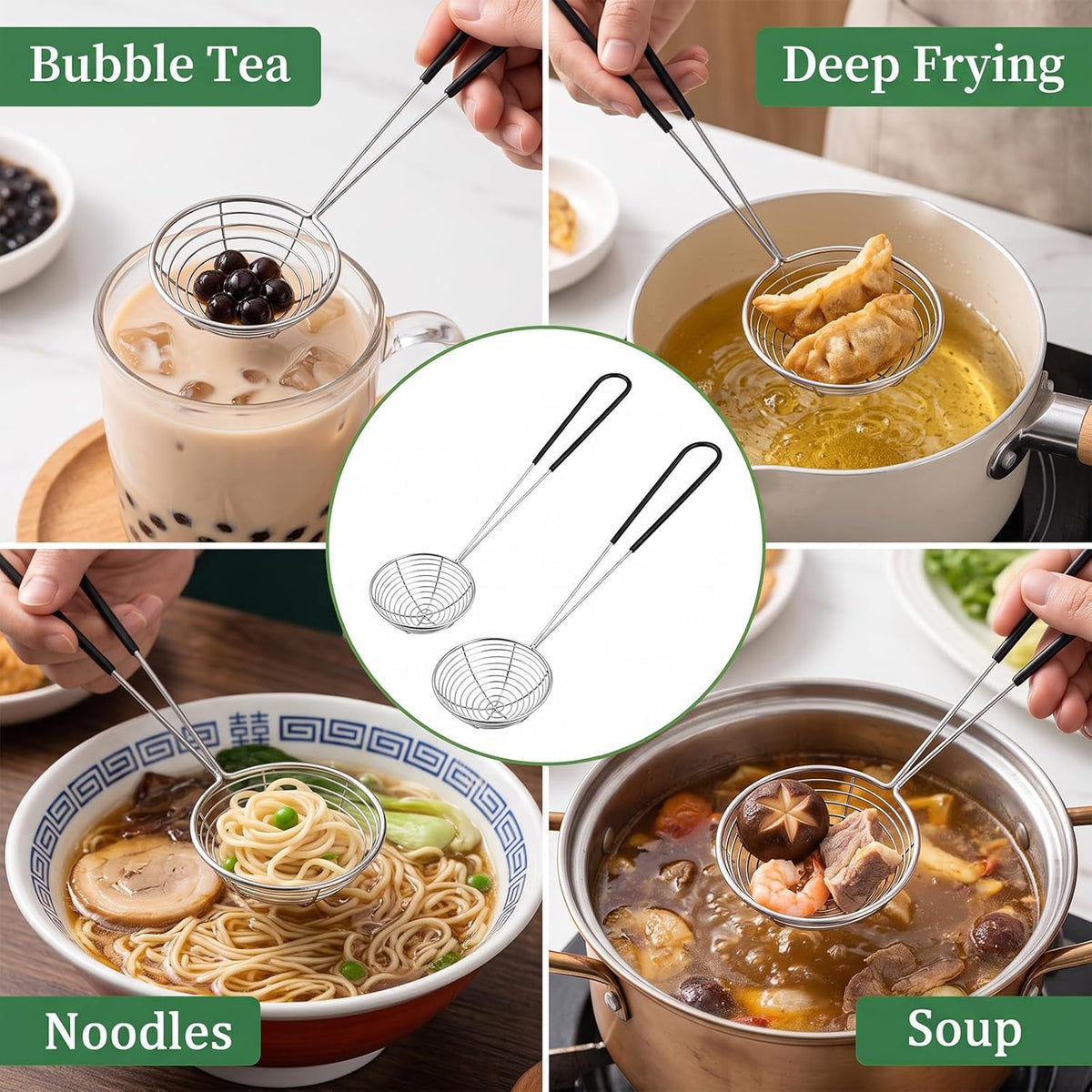 2Pcs Stainless Steel Strainer Spoons Boba Spoon Scoop Hot Pot Strainer Spoons Ladle Wire Cooking Skimmers Spoon