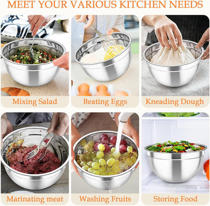 TeamFar Mixing Bowls, Stainless Steel Nesting Salad Bowls with Lids Set of 3 & 3 Grater Attachments, For Mixing/Serving/Storing, Non-toxic & Long-lasting, Size 4.6/3 / 1.5 QT, Black
