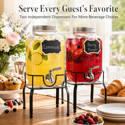 2 Pack1 Gallon Glass Drink Dispensers For Parties,Beverage Dispenser with Stand,304 Stainless Steel Spigot Leakproof,Lemonade Dispenser for Sun Tea, Homemade Juice