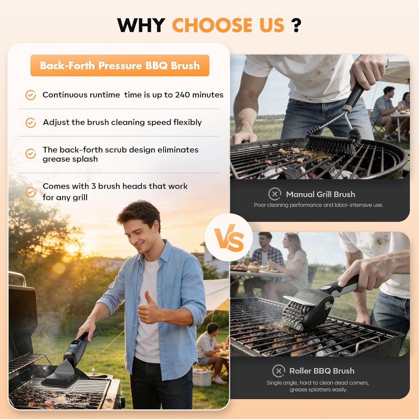 Electric Grill Brush - Bristle Free Grill Brush for Outdoor Grill, Cordless BBQ Grill Cleaner with 3 Heads, Rechargeable 240 Mins Runtime Barbecue Grill Cleaning Brush (Gray)
