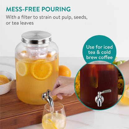 Navaris Glass Drink Dispenser with Tap - 0.7gal (2.7L) Ripple Design Beverage Dispenser - Party Beverage Container for Cocktails, Juice, Water - Ideal for Parties & Events