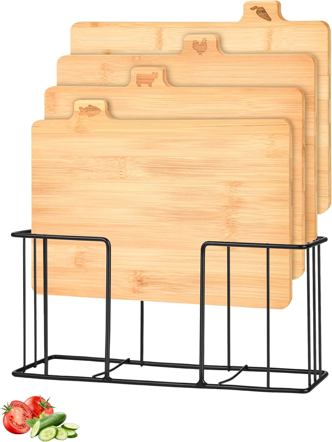 Bamboo Cutting Board Set with Meatal Stand, Lexda 4PCS Eco-Friendly Labeled Tabs Cutting Board, Durable Kitchen Cutting Boards For Chopping Fruit, Meat, Cheese, Veggies - 11" x 8"