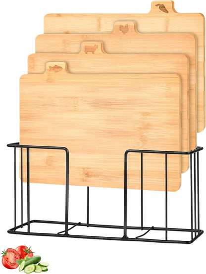 Bamboo Cutting Board Set with Meatal Stand, Lexda 4PCS Eco-Friendly Labeled Tabs Cutting Board, Durable Kitchen Cutting Boards For Chopping Fruit, Meat, Cheese, Veggies - 11" x 8"