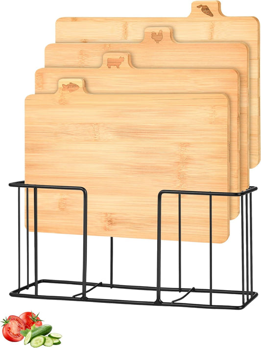 Bamboo Cutting Board Set with Meatal Stand, Lexda 4PCS Eco-Friendly Labeled Tabs Cutting Board, Durable Kitchen Cutting Boards For Chopping Fruit, Meat, Cheese, Veggies - 11" x 8"