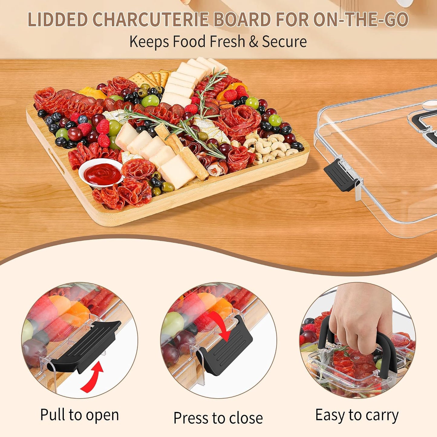 CAWIU Portable Travel Charcuterie Board with Lid and Handle - Large Bamboo Cheese Board with 4 Cheese Knife Set for Outdoor, Picnics - Weddings, House Warming Gift for Women (1 Compartment, White)