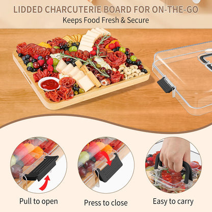 CAWIU Portable Travel Charcuterie Board with Lid and Handle - Large Bamboo Cheese Board with 4 Cheese Knife Set for Outdoor, Picnics - Weddings, House Warming Gift for Women (1 Compartment, White)