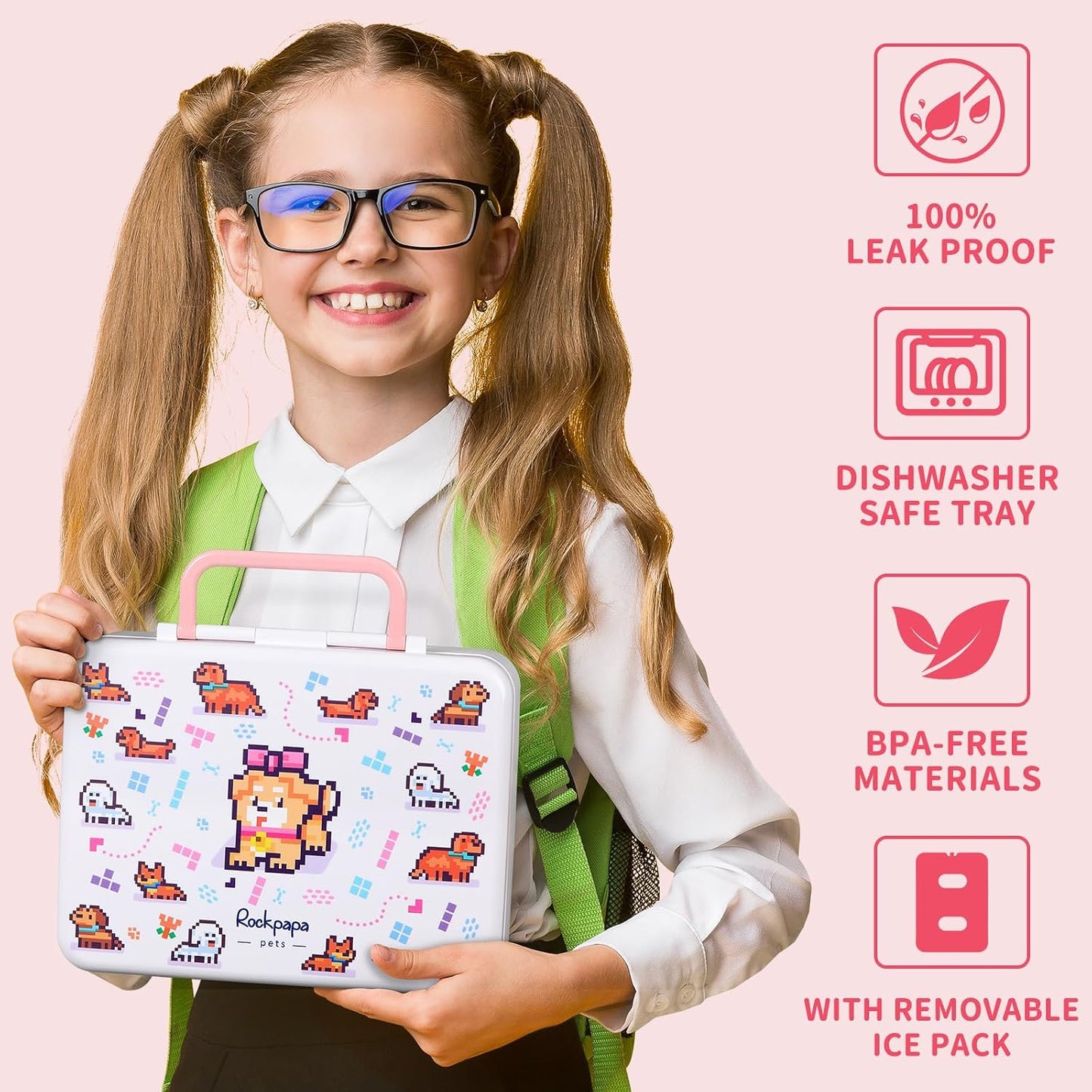 rockpapa Chill Bento Box for Kids- Large 5.5 Cups Lunch Box with Ice Pack - 5 Compartments, BPA-Free, Leak Proof, with Utensils & Portable Handle, Microwave/Dishwasher Safe (Purple Butterfly)