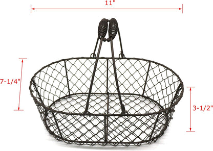 CVHOMEDECO. Oval Metal Wire Egg Basket Wire Fruit Basket with Handle Primitives Vintage Style Storage Basket. Rusty, 11 X 7-1/4 X 3-1/2 Inch