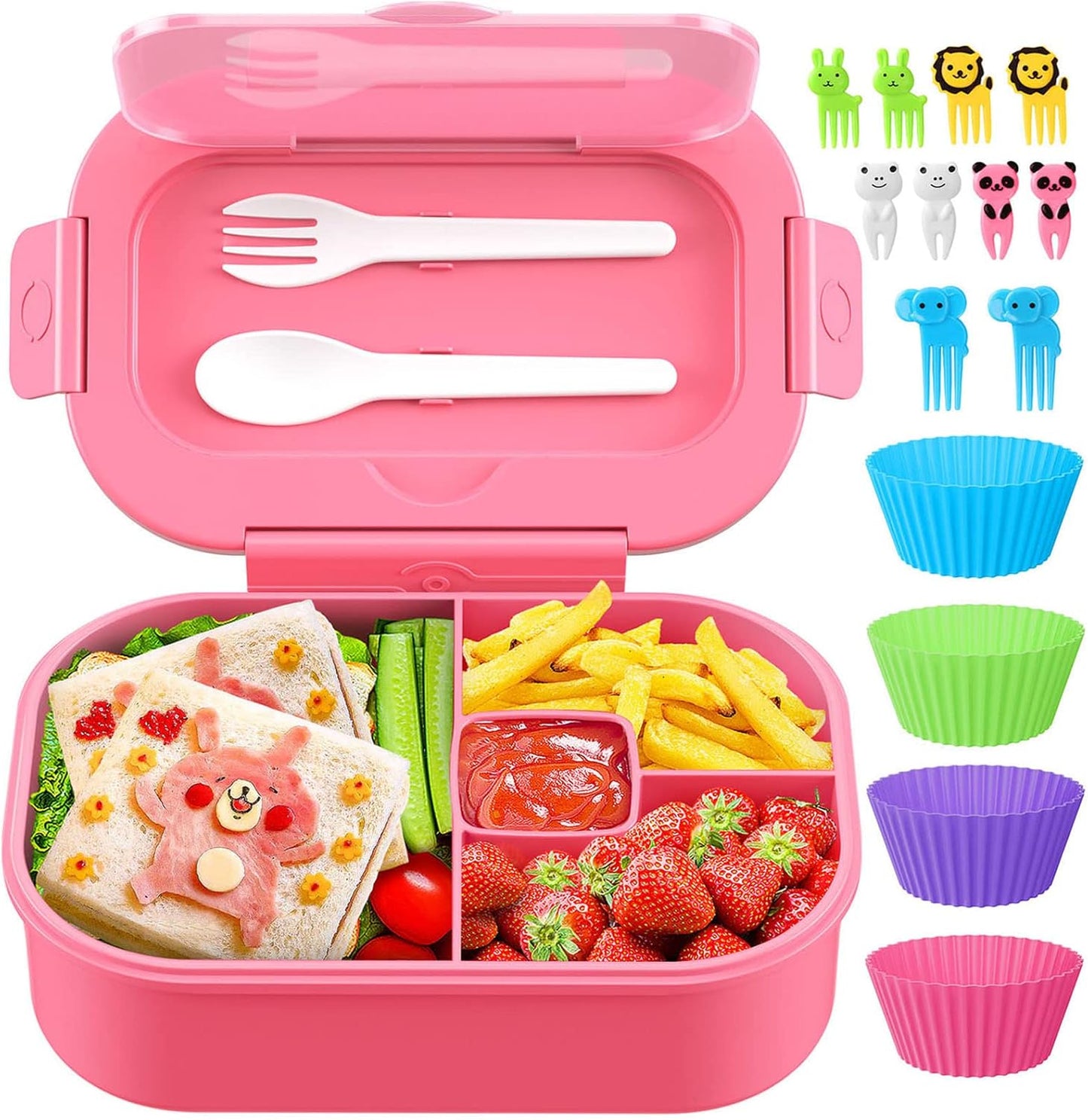 Lunch Box Kid Adult Bento Box, 4-Compartment Food Lunch Containers with Fork & Spoon, BPA Free, Leak-Proof Bento-Style Lunch Box for Work School, Microwave & Dishwasher Safe (Candy)