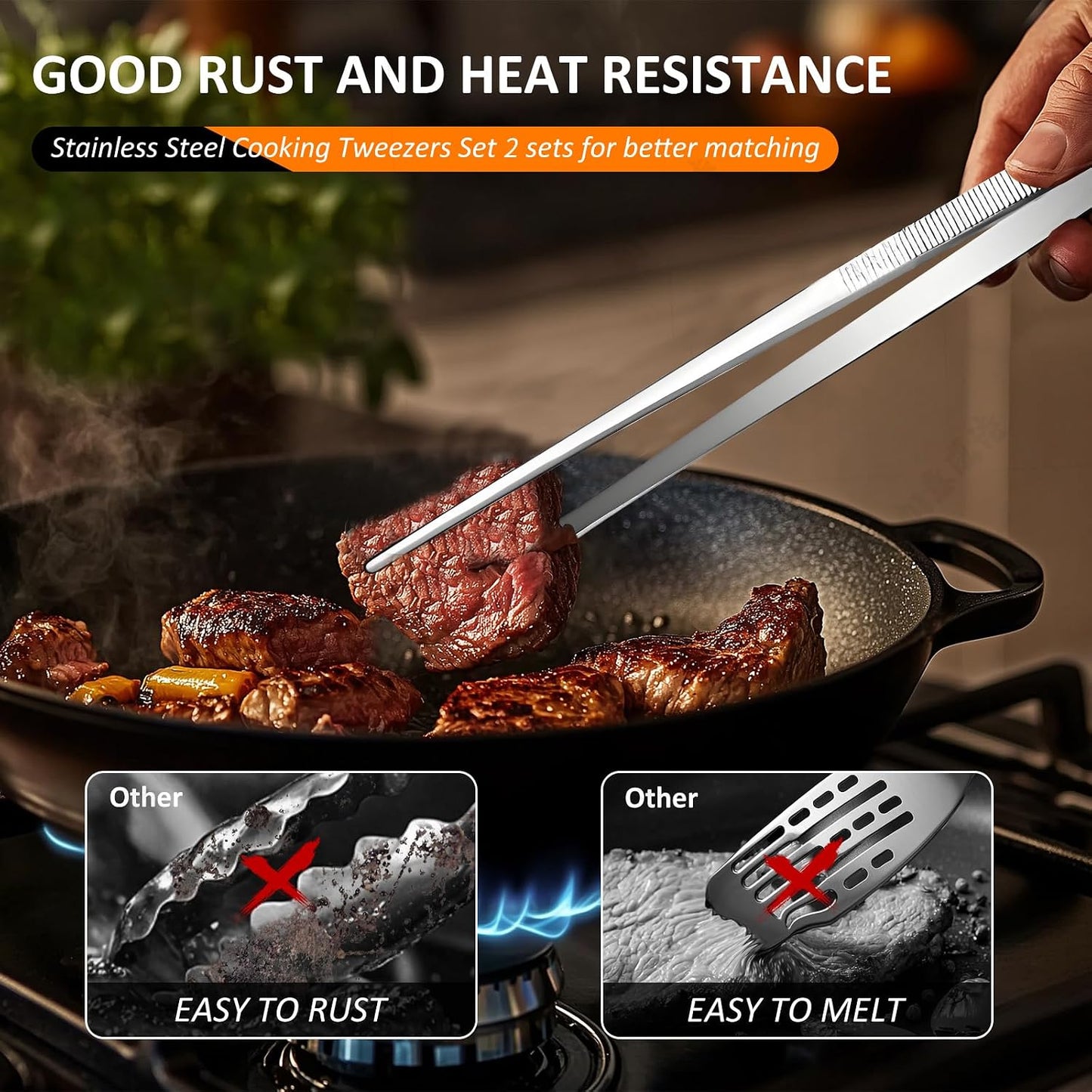 2-Piece Kitchen Tongs Set – 12-Inch Stainless Steel BBQ Tweezers with Straight & Curved Edges, Non-Slip Grip, Heavy Duty for Grilling Steak, Flipping Pancakes, Salads & Cooking