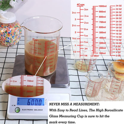 3 Piece Glass Measuring Cup Set, Includes 1/2-Cup, 1-Cup, and 2-Cup High Borosilicate Glasss Liquid Measuring Cups, Dishwasher, Freezer, Microwave, and Preheated Oven Safe, Essential Kitchen Tools