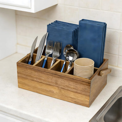 VaeFae Acacia Silverware Caddy with Handle, Wooden Utensil Holder, Mulip-pose Organizer for Kitchen, Office, Bathroom, Bedroom