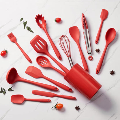 LIANYU 14 Pcs Silicone Kitchen Utensils Set with Holder, 446°F Heat Resistant Silicone Cooking Kitchen Utensils Spatula Set, Non-Stick & Dishwasher Safe Cooking Tools, Comfort Grip Handle, Black