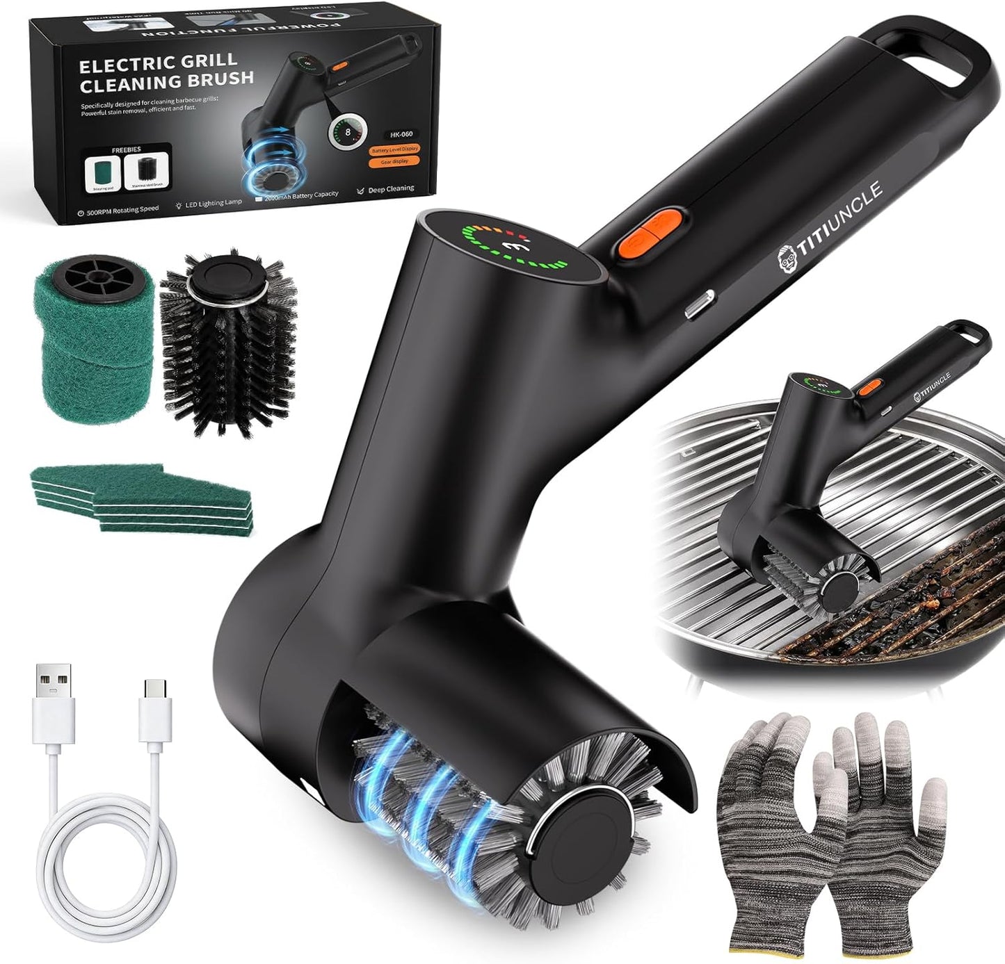 Electric Grill Brush for Outdoor Grill, BBQ Grill Cleaner Cleaning Brush with Stainless Steel Rotary Head, 500RPM Motorized, 3 Speed Modes, 120Mins Runtime, No Bristle Shedding, Gifts for Men/Dad