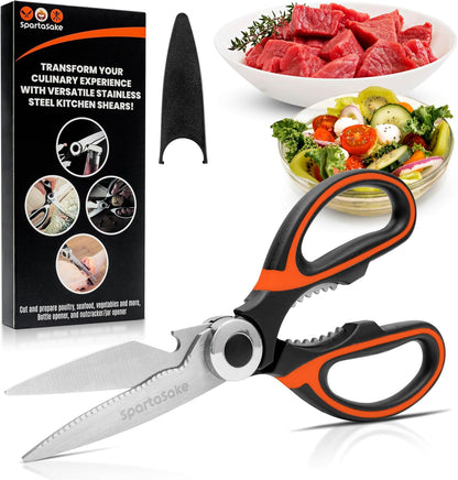 SpartaSake Premium Stainless Steel All Purpose Kitchen Shears with Sleeve - Heavy Duty Ultra Sharp kitchen Scissors for Food - Multipurpose Food Scissors for Meat Poultry Vegetable (Black-White)