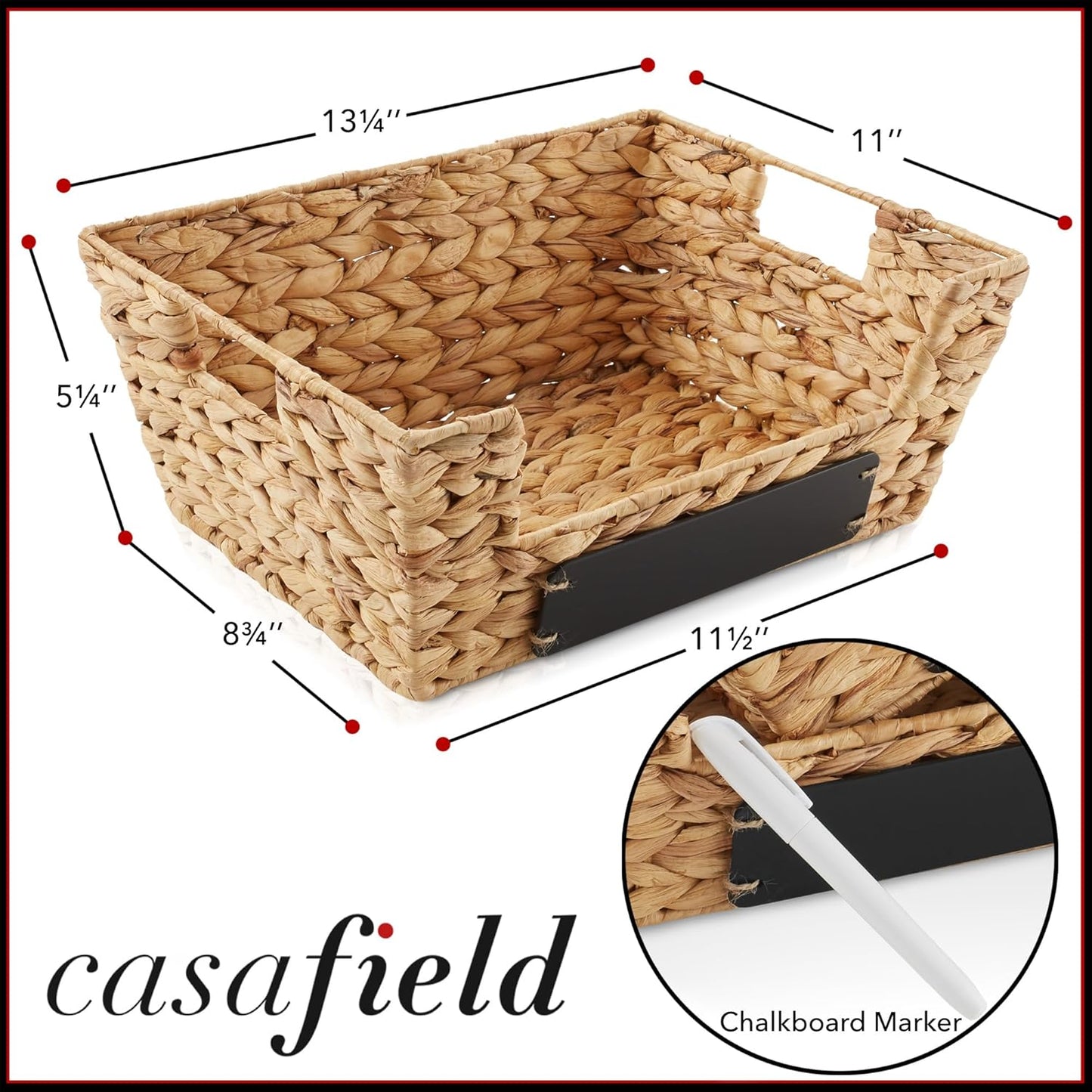Casafield Set of 2 Water Hyacinth Pantry Baskets with Handles, Chalkboard Labels, and Marker - Espresso, Wide Woven Storage Bin Organizers for Kitchen Shelves