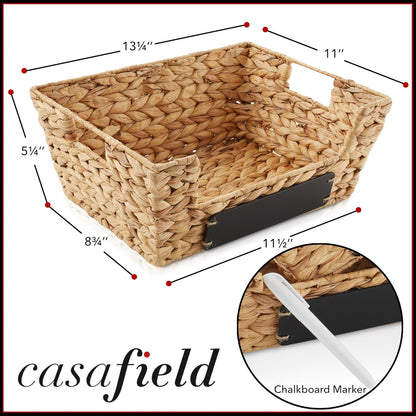 Casafield Set of 2 Water Hyacinth Pantry Baskets with Handles, Chalkboard Labels, and Marker - Espresso, Wide Woven Storage Bin Organizers for Kitchen Shelves