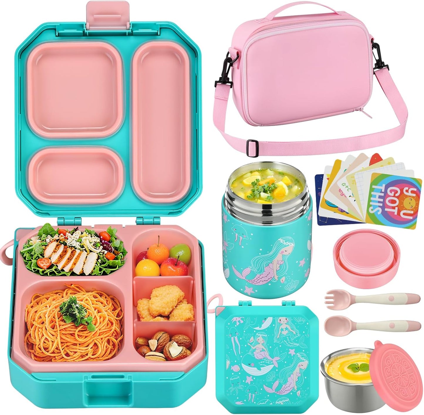 Itslife Bento Lunch Box Set for Kids with 12oz Soup Thermo&Lunch Bag, Leak-Proof Lunch Food Containers for Kids School, 5 Compartment, Sauce Cup, 10 Notes (Dinosaurs Black)