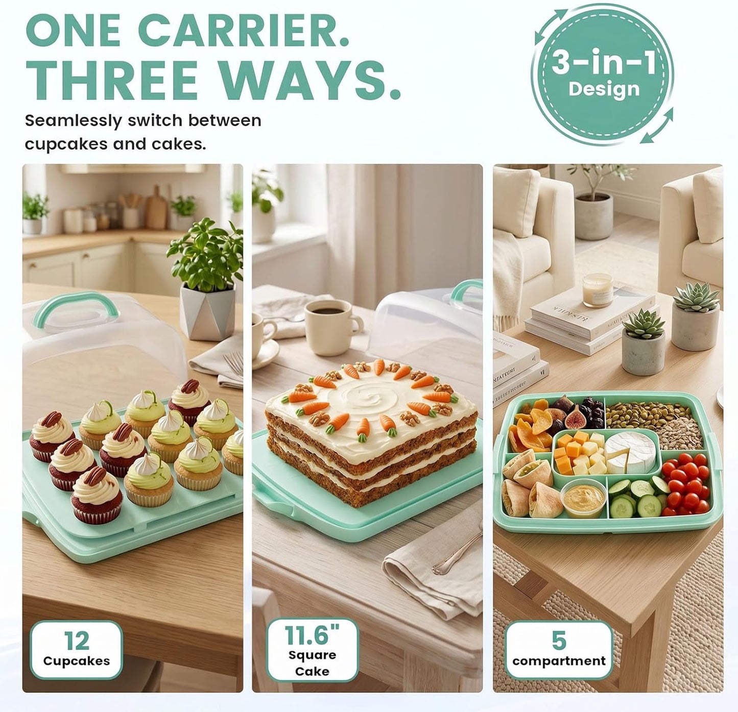 VGOODALL Cake Carrier with Lid and Handle, 12 Capacity Cupcake Holder for Muffin Pies Candies Fruits Snacks Desserts, Perfect for Sheet Cakes, Dishwasher Safe