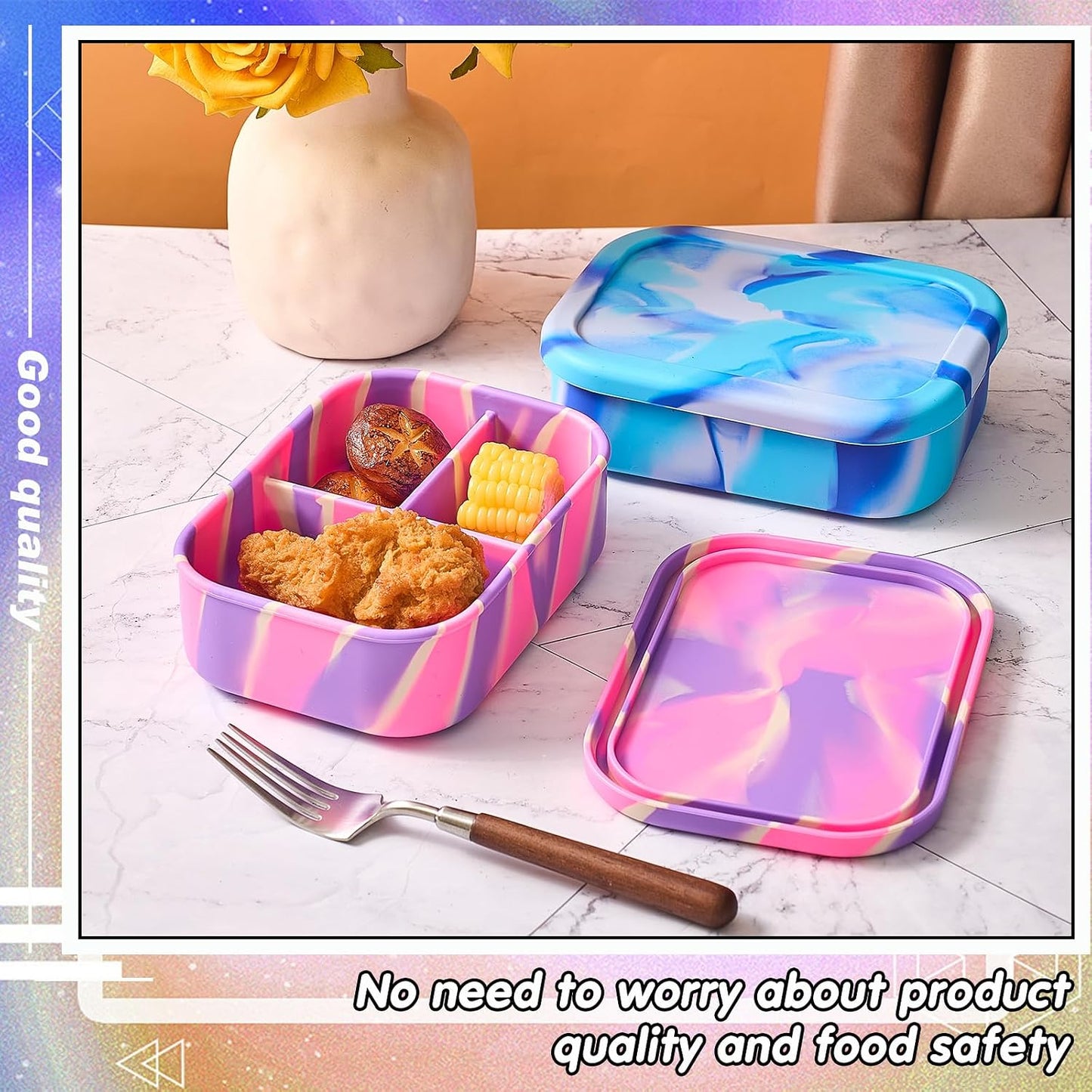 Layhit 4 Pcs Silicone Bento Box for Adults, 27 oz Bento Lunch Container Reusable 3 Compartment Lunchable Food Container for Women Men, Leak Proof Microwave Dishwasher Freezer Safe (Cool Colors)