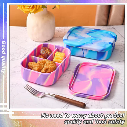 Layhit 4 Pcs Silicone Bento Box for Adults, 27 oz Bento Lunch Container Reusable 3 Compartment Lunchable Food Container for Women Men, Leak Proof Microwave Dishwasher Freezer Safe (Cool Colors)