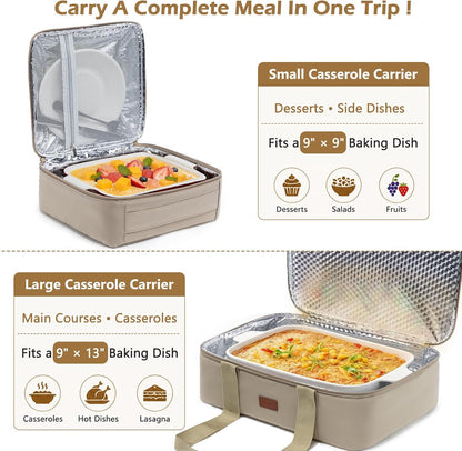 2-Piece Insulated Casserole Carrier Set, Fits 9" x 13" Baking Dish, Food Transport Carrier for Hot & Cold Dishes, Reusable Potluck Tote for Thanksgiving, Holiday Parties, Family Gatherings & Travel