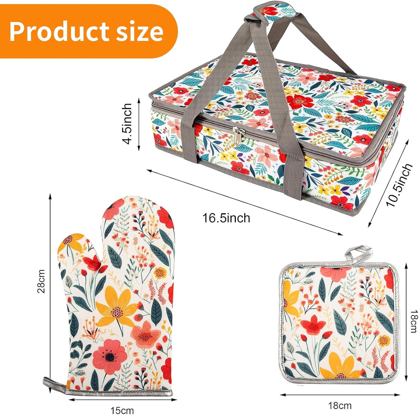 Pioneer Woman Style Insulated Casserole Carrier for Hot or Cold Food, Fits 9x13 Baking Dish,Floral Thermal Lasagna Lugger Tote with Oven Mitts and Pot Holders Set,Gift for Women, Mother's Day.3 PCS