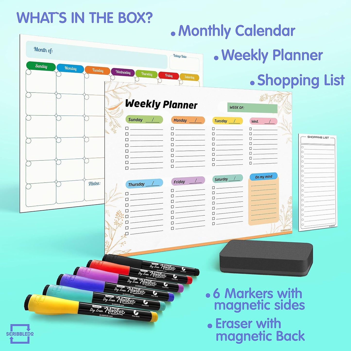 Monthly Planner (Pack of 3) Magnetic Whiteboard Refrigerator Calendar Dry Erase Weekly Planner Magnetic Calendar for Fridge to Do List White Board Dry Erase Shopping Grocery List 6 Markers Included