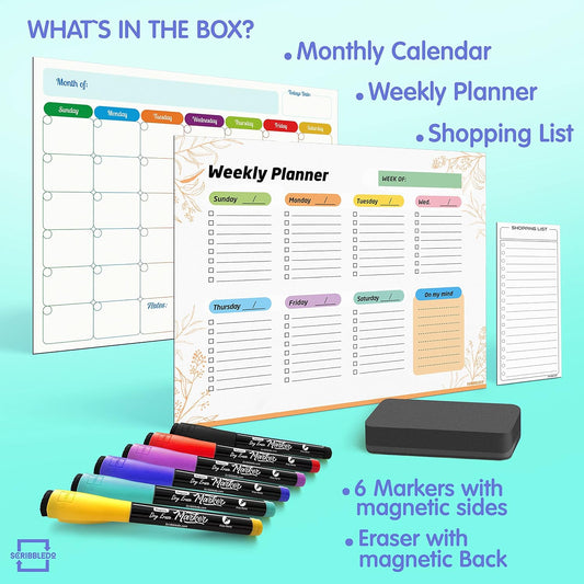 Monthly Planner (Pack of 3) Magnetic Whiteboard Refrigerator Calendar Dry Erase Weekly Planner Magnetic Calendar for Fridge to Do List White Board Dry Erase Shopping Grocery List 6 Markers Included