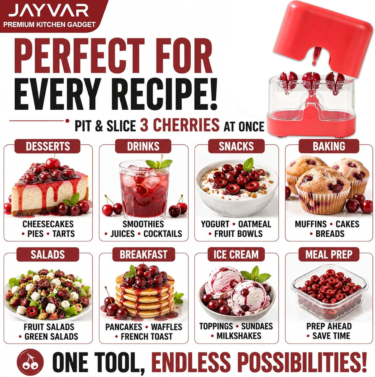 JAYVAR Cherry Pitter Tool, 2-in-1 Multi Cherry Seed Remover & Slicer