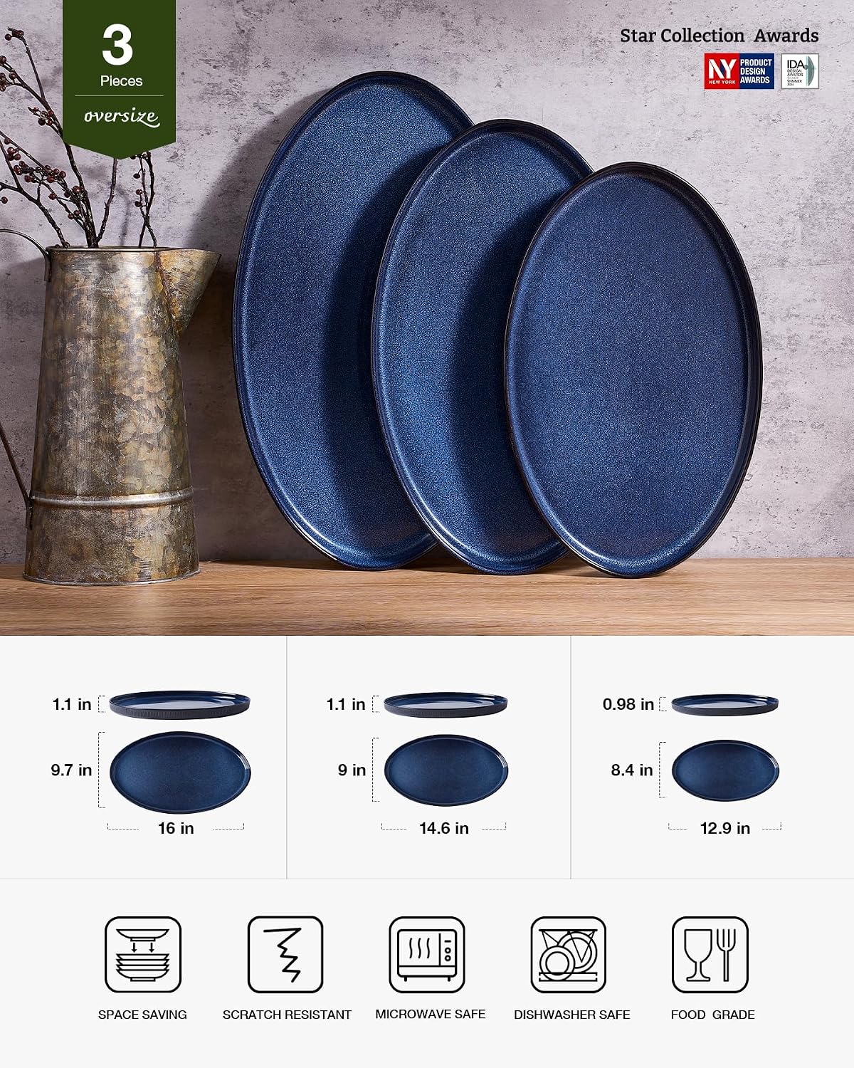 famiware Serving Platter, 16/14.6/12.9 Inch Serving Dishes for Entertaining, Party Serving Trays for Food, Buffet Oval Platters for Food, Large Plates for Bread Turkey Cheese Appetizer, Matte White