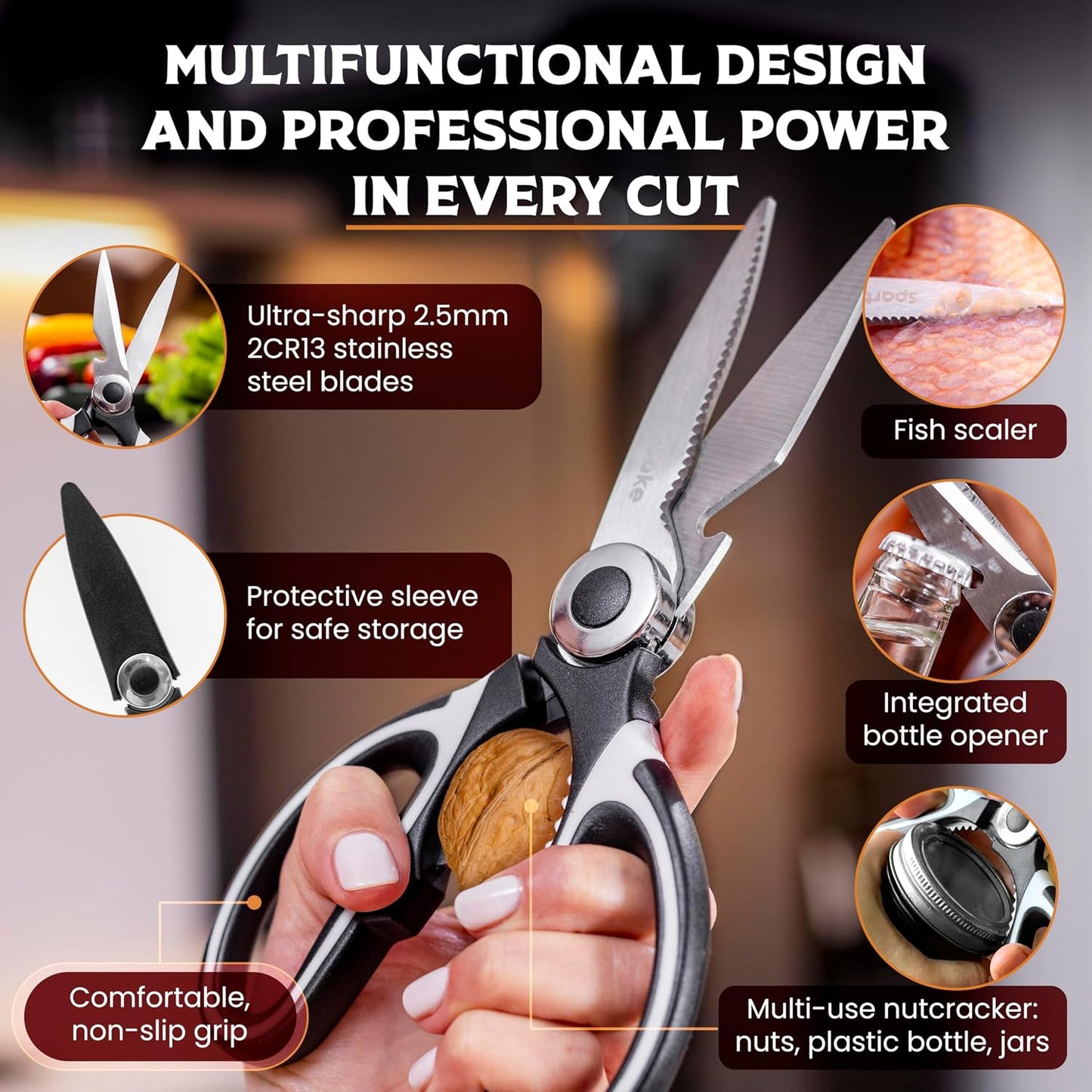 SpartaSake Premium Stainless Steel All Purpose Kitchen Shears with Sleeve - Heavy Duty Ultra Sharp kitchen Scissors for Food - Multipurpose Food Scissors for Meat Poultry Vegetable (Black-White)