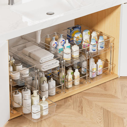 Vtopmart 4 Pack Bathroom Under Sink Organizers Organizer, 2 Tier Clear Pull-Out Organization (S-Standard)