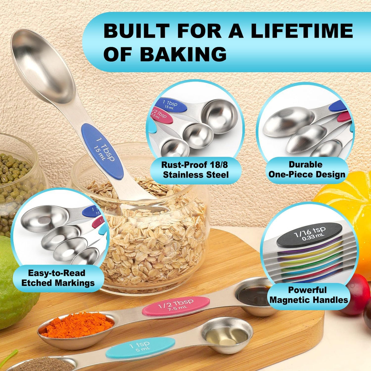 Magnetic Measuring Spoons Set Stainless Steel with Leveler, Dual-Sided Metal Measuring Spoons for Baking & Cooking, Fits in Spice Jars, Must-have Kitchen Gadgets, 8 Measuring Spoons & 1 Leveler, Black