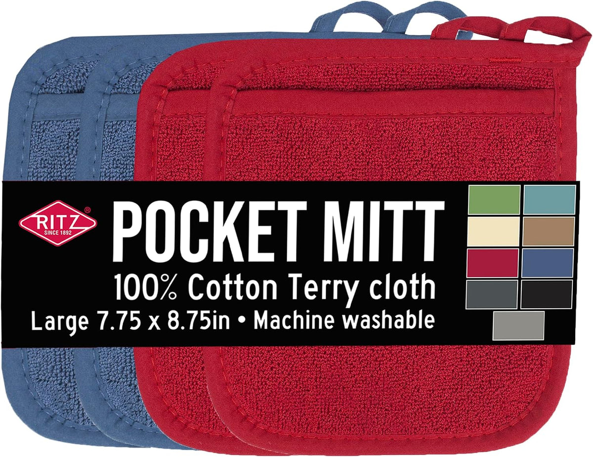RITZ Terry Pocket Mitt & Hot Pad: Unparalleled Heat Resistant, Durable 100% Cotton – Ergonomically Designed for Optimal Grip – Easy-Care Machine Washable –, Federal Blue