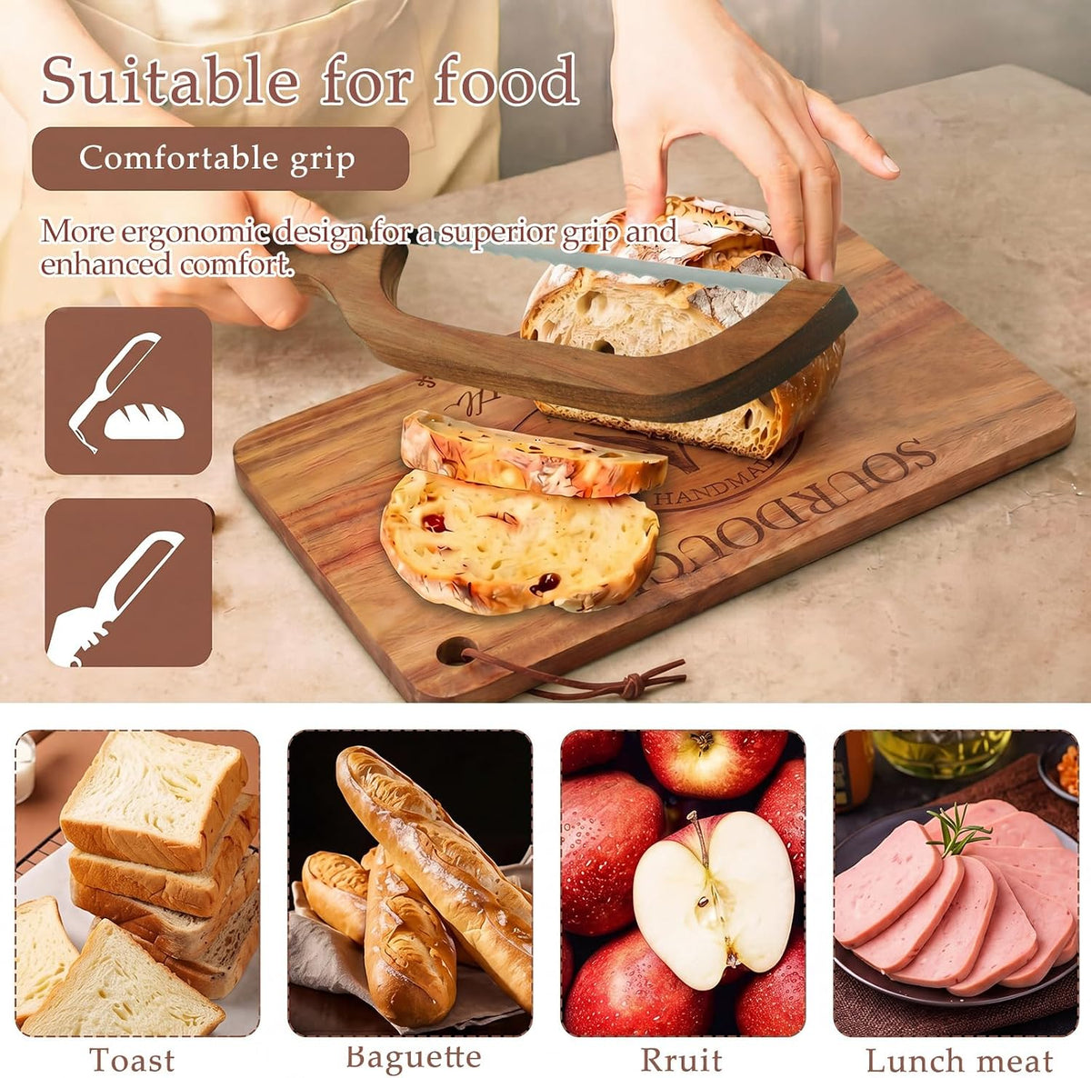 15.3 Inch Acacia Wooden Sourdough Bread Slicer Set, Adjustable Thickness Bread Acacia Cutting Board with Groove Curved Handle Knife for Bakers Sourdough Lover Gifts