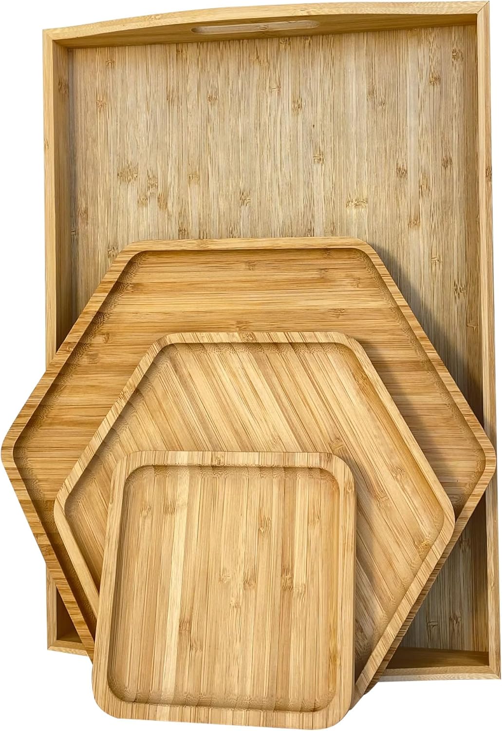 Bamboo Serving Trays Charcuterie Platter 16.5"x11.8"（42x30cm with Handle, Set Includes 1xHexagon 12.5"(32cm)+1xSquare 7.8"(20cm)+1xSquare 5.9"(15cm) Small Plates for Family Dinner
