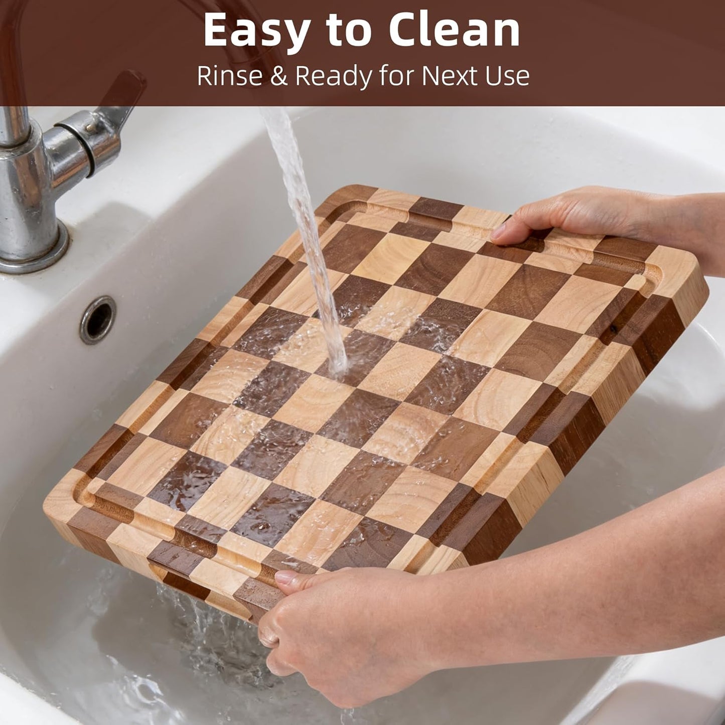 Cutting Board Set of 2 – Checkered Wood & Acrylic Cutting Board with Counter Lip for Kitchen Counter, Wood Checkerboard Chopping Board with Juice Grooves for Vegetables, Fruits, Meat