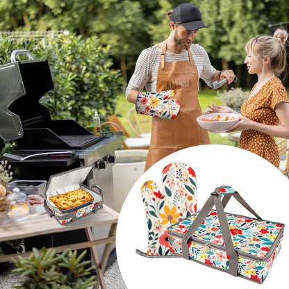 Pioneer Woman Style Insulated Casserole Carrier for Hot or Cold Food, Fits 9x13 Baking Dish,Floral Thermal Lasagna Lugger Tote with Oven Mitts and Pot Holders Set,Gift for Women, Mother's Day.3 PCS