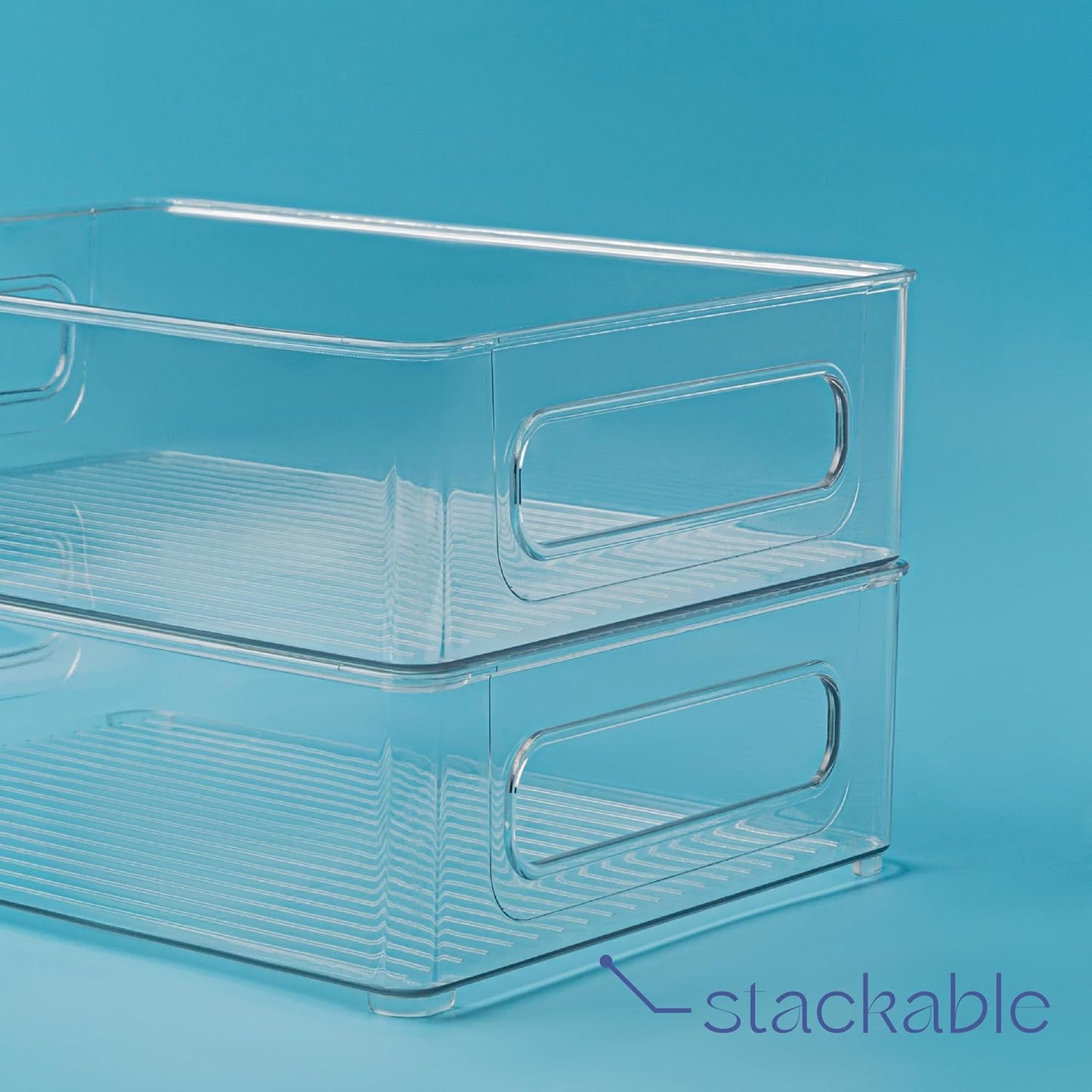Plastic Food Storage 4 Pack Clear Container Bin with Handles for Organizing Kitchen, Pantry, Refrigerator, Freezer, Pantry, Cabinet, Closet, Bathroom. Stackable 10”x6”x3”