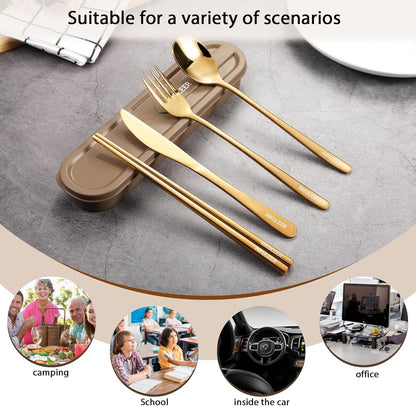 Travel cutlery set, 18/8 stainless steel cutlery, Reusable utensils set with case, Portable Silverware Lunch Box for Camping and Office (Green/knife set)
