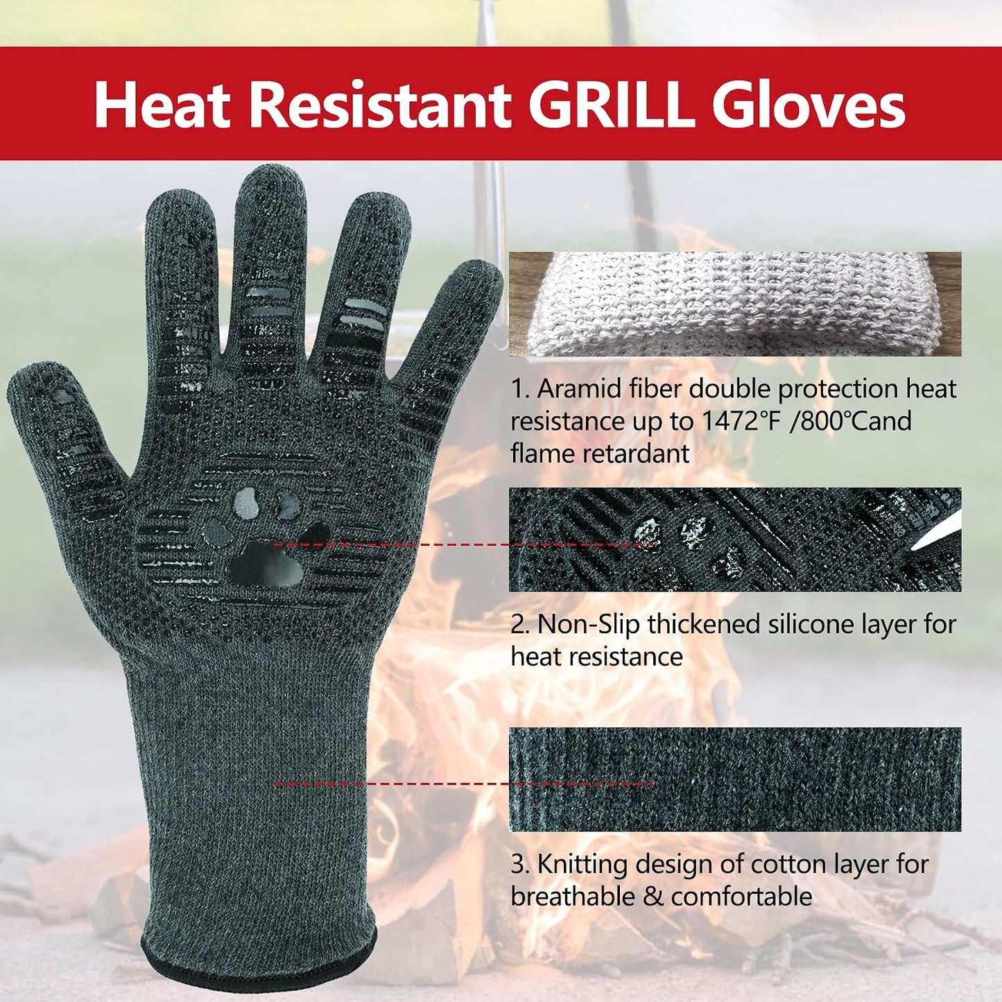 UBeesize Lengthen BBQ Gloves (Phoenix), 1472°F Heat Resistant Grill Glove, 14 inch Fireproof Oven Gloves for Cooking, Non-Slip Fire Glove for Grilling, Barbecue, Smoker, Baking, Frying
