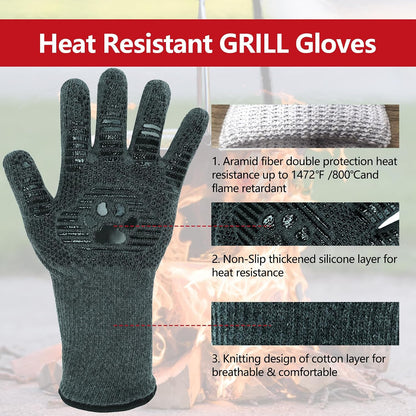 UBeesize Lengthen BBQ Gloves (Phoenix), 1472°F Heat Resistant Grill Glove, 14 inch Fireproof Oven Gloves for Cooking, Non-Slip Fire Glove for Grilling, Barbecue, Smoker, Baking, Frying